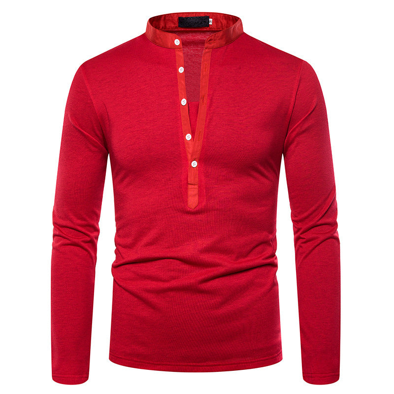 Men's Solid Color Deep V Stand Up Collar Long Sleeved Slim Shirt